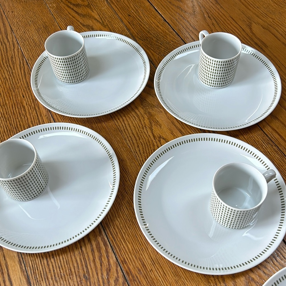 Mid Century Modern luncheon set.  Harmony House white/green China plates & cups.